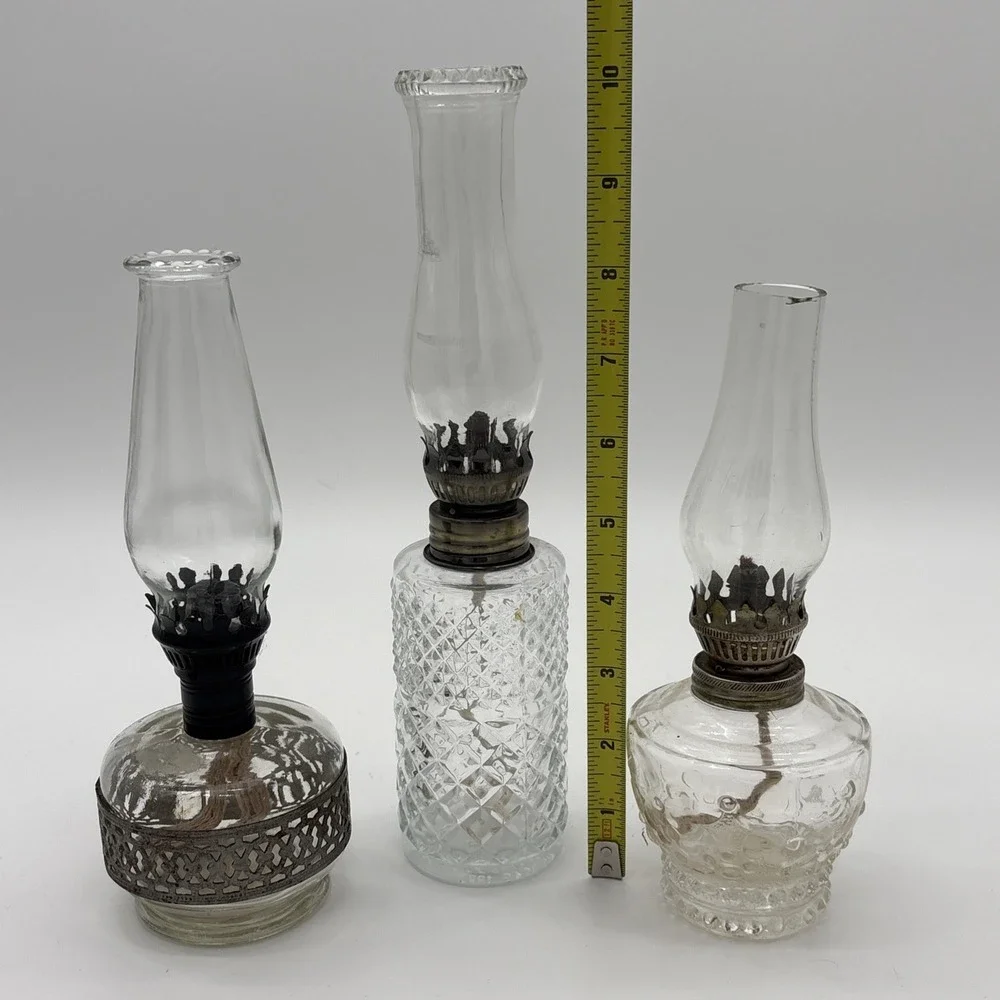 Lot of 3 Vintage Miniature Clear Pressed Glass Oil Lamps Hurricane Chimney Set